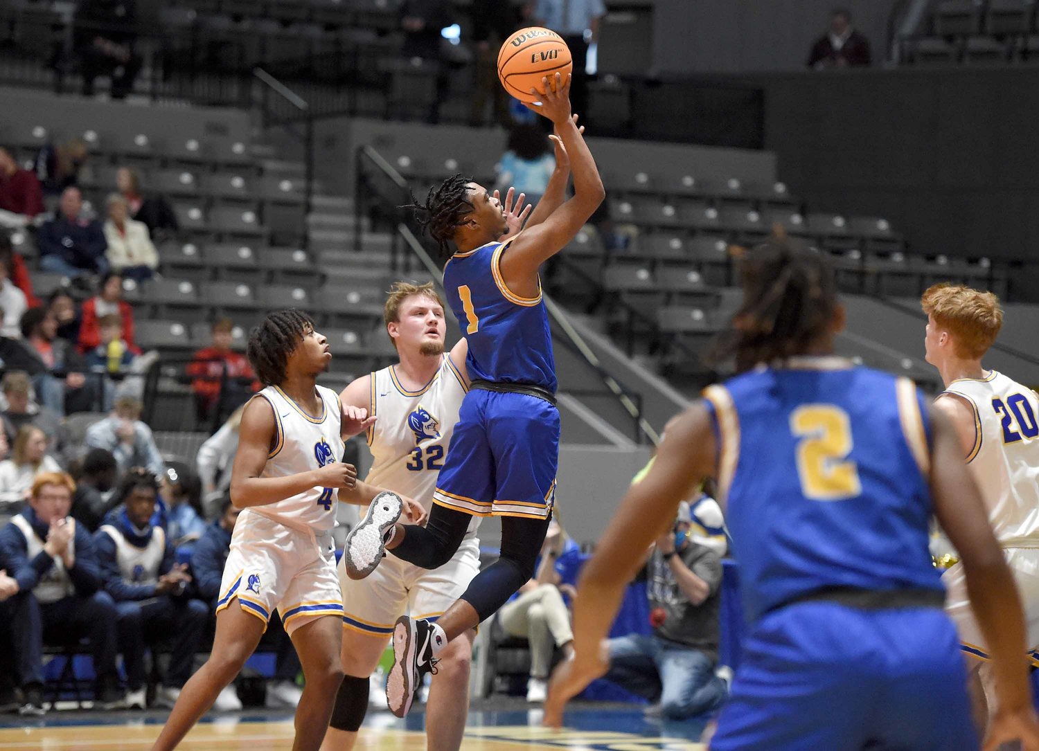 Kemper County's James Granger (1) shoots against Booneville at the MHSAA State Basketball Tournament  semifinals on Wednesday, March 3, 2021, at the Mississippi Coliseum in Jackson, Miss.